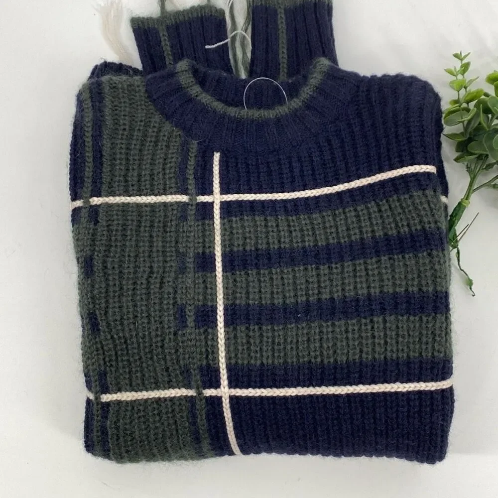 Tory Burch Eden Wool Blend Chunky Pullover Sweater Green‎ Navy XS